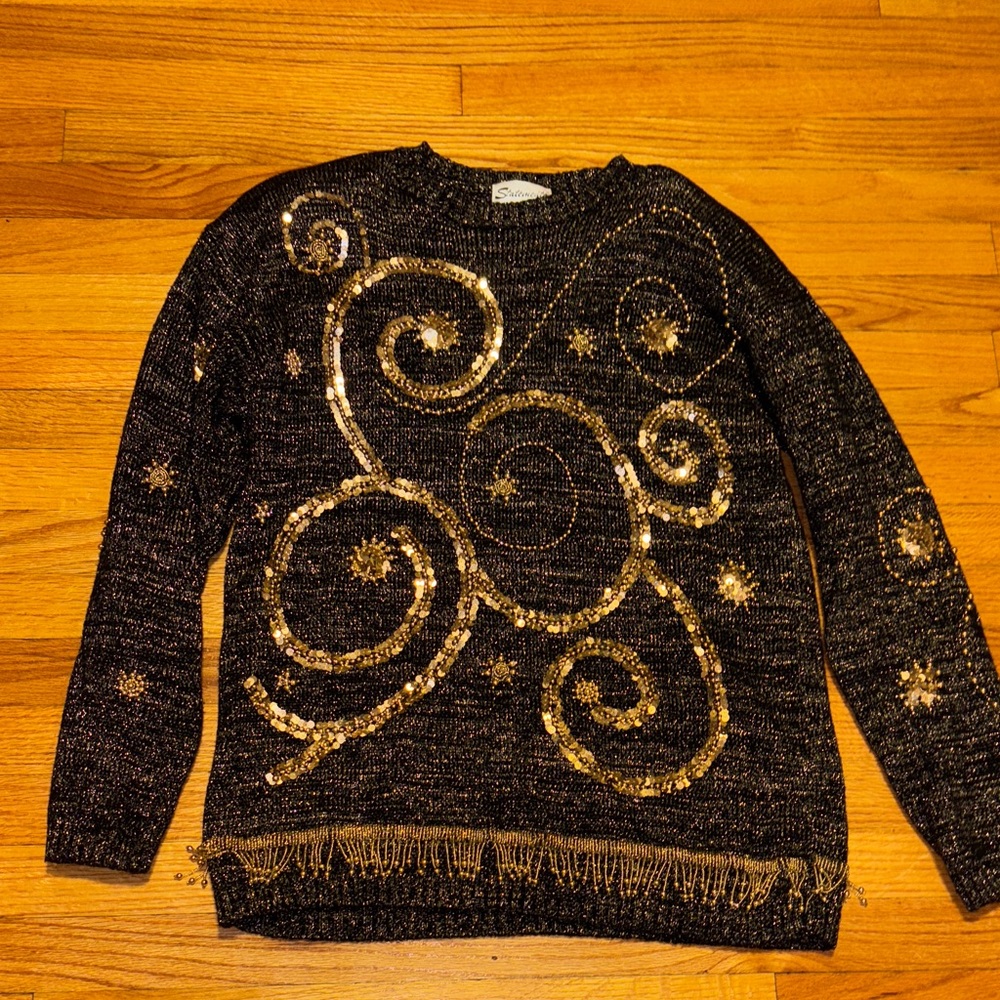 Statements by Pronto Medium Black and Gold Women's Sweater Fringe Sequin Vintage